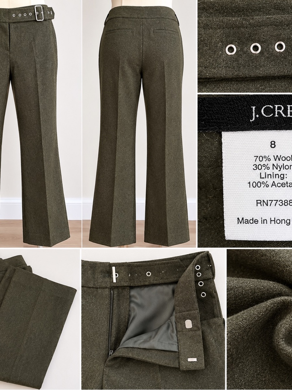 J. Crew Olive Wool-Nylon Blend Men's Dress Pants with Belt